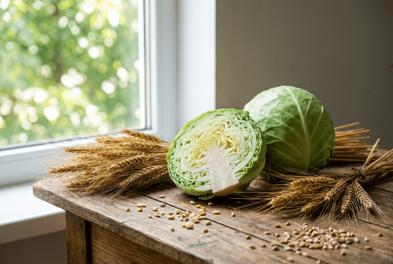 신선한 양배추가 자연광 아래 놓여 있고, 배경에는 밀 이삭과 곡물이 자연스럽게 배치되어 발효와 식물성 영양을 상징하는 장면