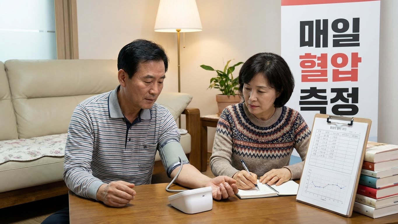 집에서 가정용 혈압계를 이용해 스스로 혈압을 측정하는 사진