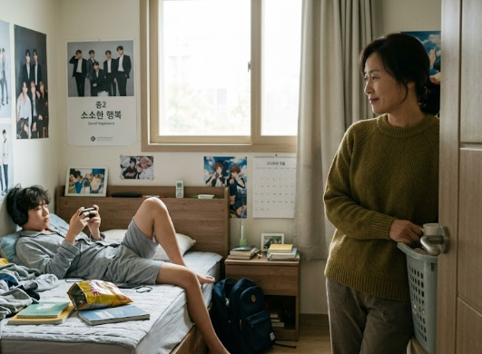 방에서 폰을 보며 노는 사춘기 아들을 지켜보는 엄마
