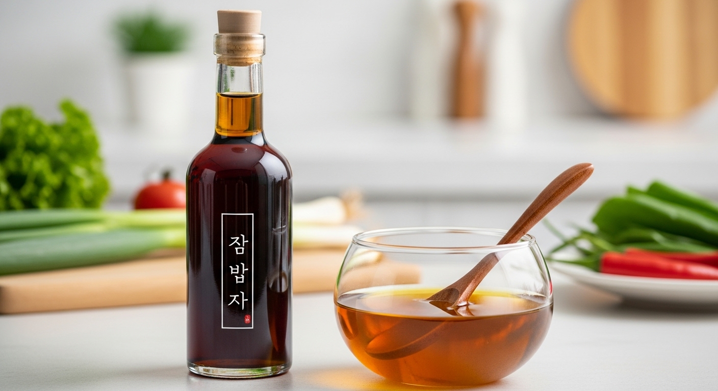 최고급 멸치액젓 병과 작은 그릇에 담긴 액젓 클로즈업. 닭곰탕의 비밀 재료인 액젓의 질감을 강조한다.