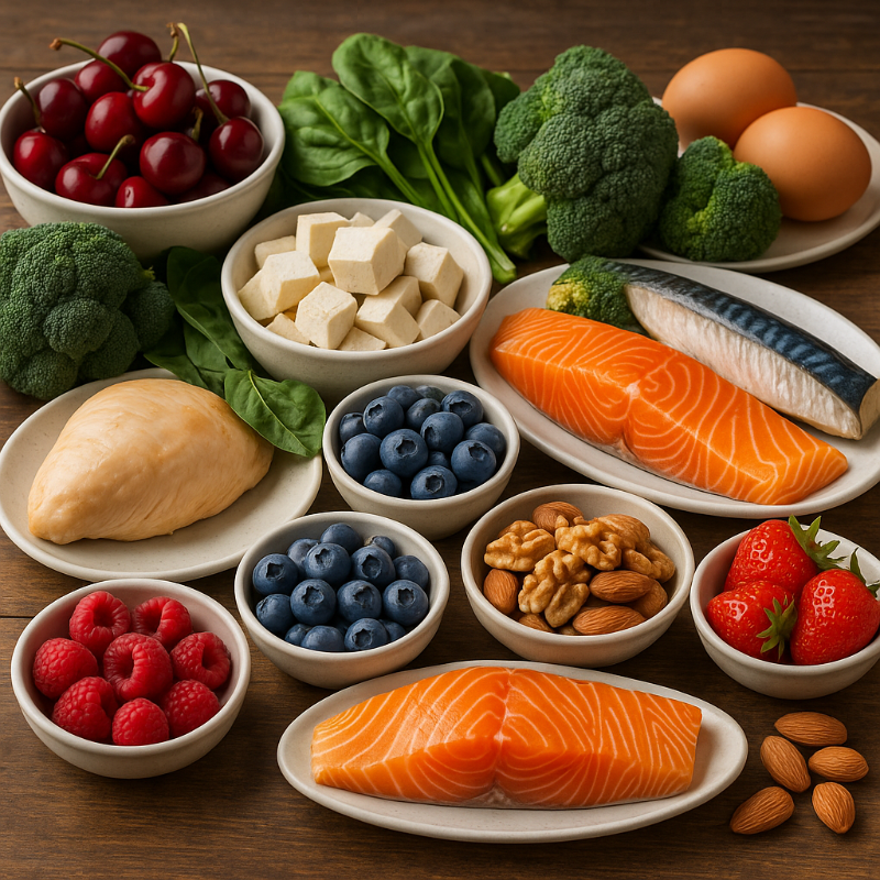 노화 방지에 도움이 되는 다양한 식품을 보여주는 풍성한 식탁