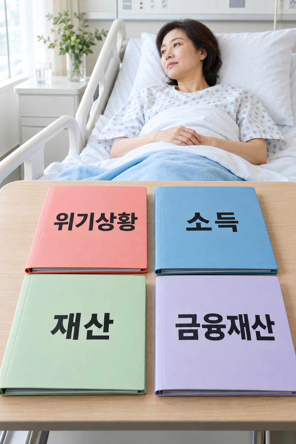 입원 병실 장면 옆 위기상황&middot;소득&middot;재산&middot;금융재산 네 조건