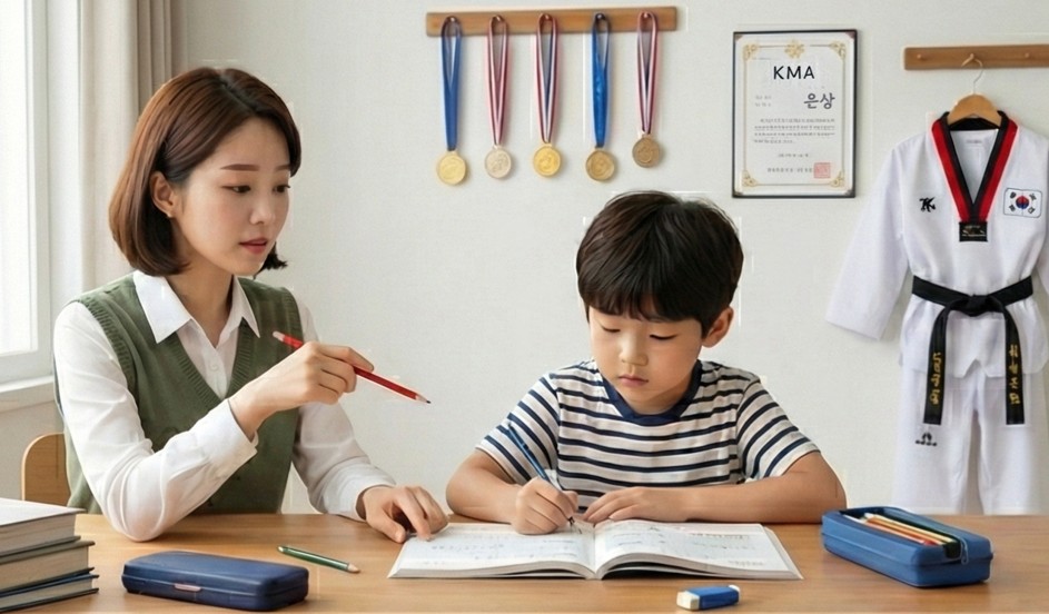 아들에게 수학 공부를 가르치는 워킹맘