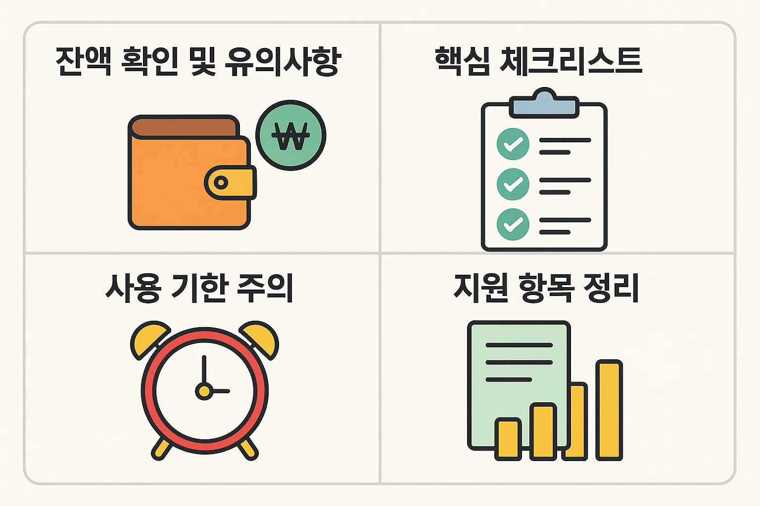 부담경감 크레딧 잔액 확인, 유의사항, 사용기한, 지원 항목 정리 및 핵심 체크리스트를 시각적으로 요약한 인포그래픽. 소상공인 절감제도 점검용 이미지.