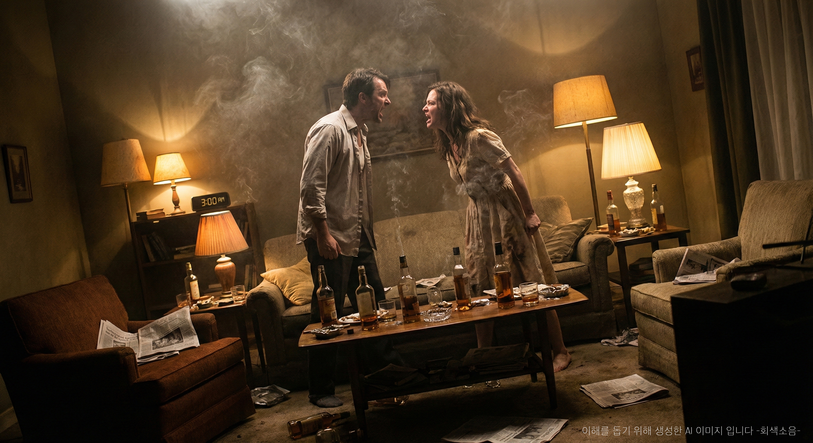 밤의 전쟁터 : 새벽 3시 어지러운 거실에서 술병과 연기 속에 두 사람이 기울어진 화면 구도로 격렬히 다투는 혼란과 긴장이 폭발한 와이드 장면.