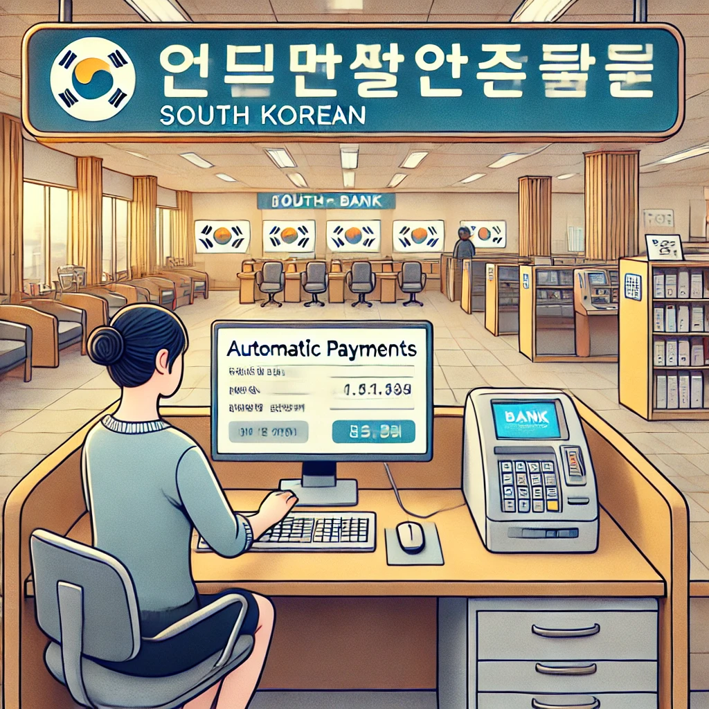 은행에서 자동이체 설정하는 모습: 대한민국 은행 내부에서 컴퓨터를 사용해 자동이체를 설정하는 고객.