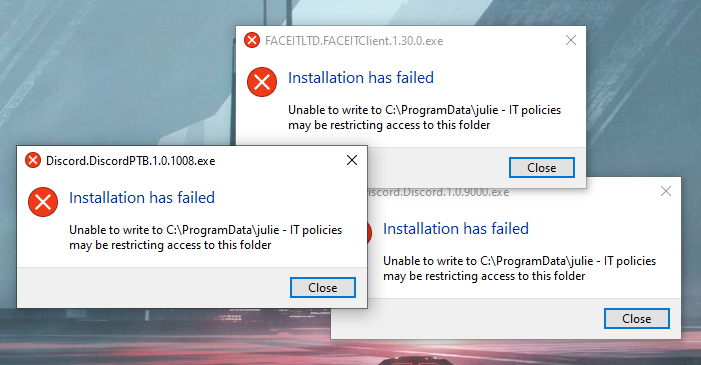 디스코드 Installation has failed Unable to write access to this folder 설치오류 화면