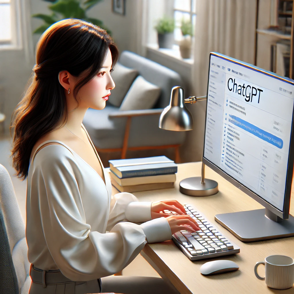 한국인 여성이 현대적인 책상에 앉아 컴퓨터로 ChatGPT를 이용해 다양한 궁금증을 해결하는 모습을 사실적으로 묘사한 그림
