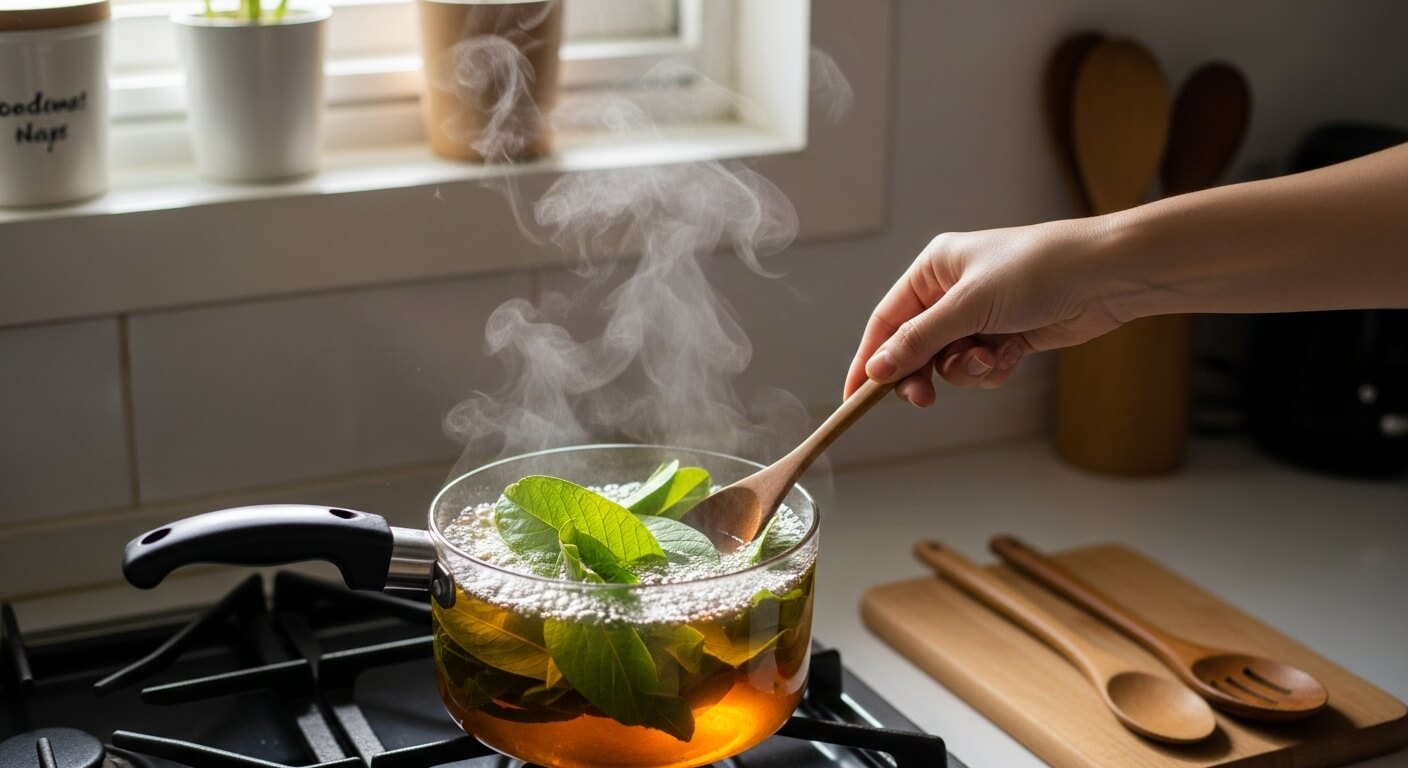 따뜻한 주방에서 구아바 잎을 넣고 차를 끓이는 모습, 유리 냄비 속에서 잎이 우러나는 장면