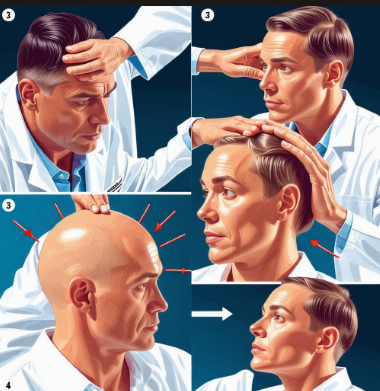 의사가 환자의 머리를 잡고 천천히 회전시키는 모습을 보여주는 일련의 그림. 각 단계별로 환자의 머리 위치가 변하는 것을 화살표로 표시하고 있습니다.