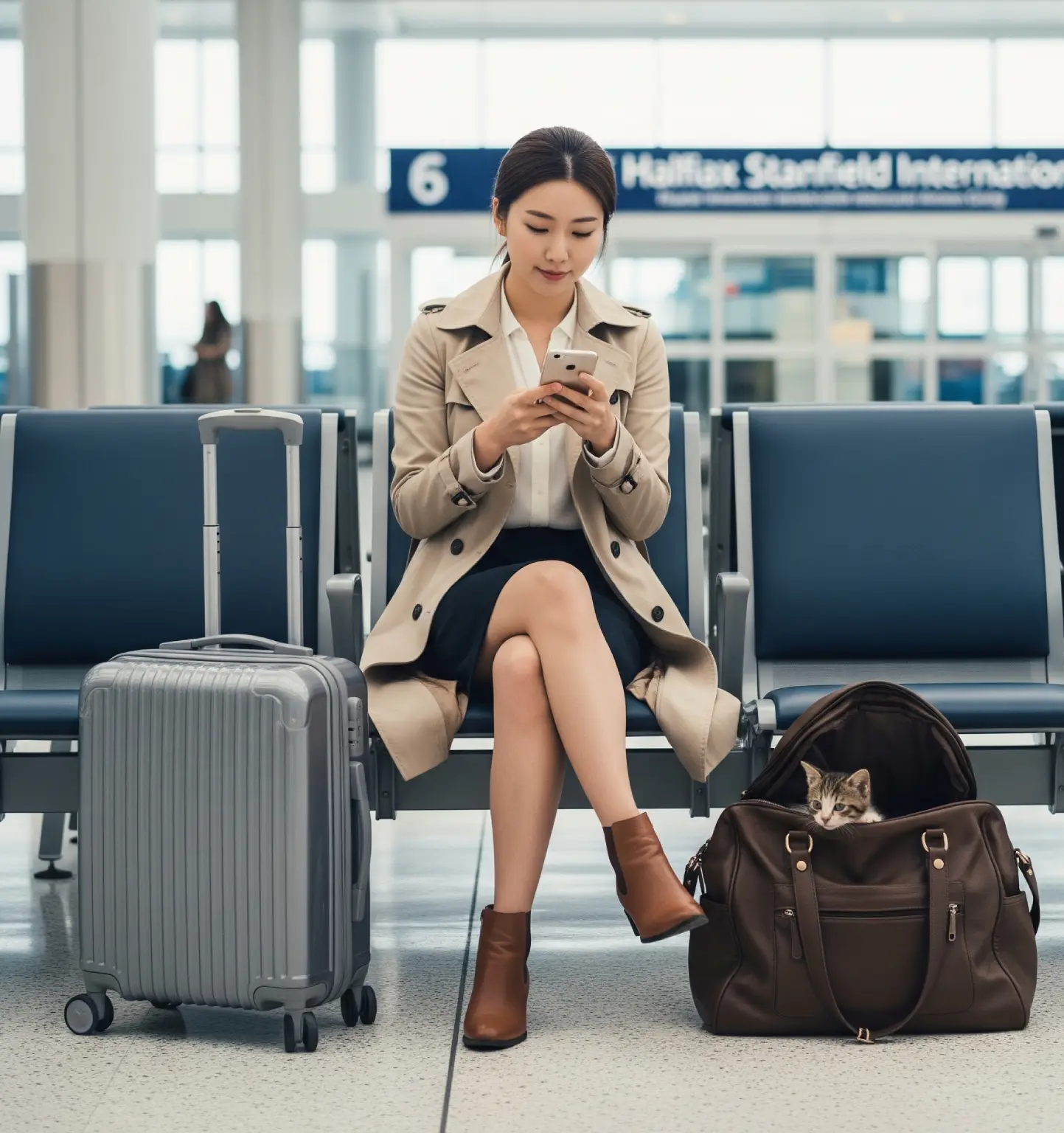 핼리팩스 공항에 도착한 한 여행자가 캐리어 옆에 앉아 스마트폰으로 핼리팩스 선불폰 가입 방법을 찾아보고 있는 모습