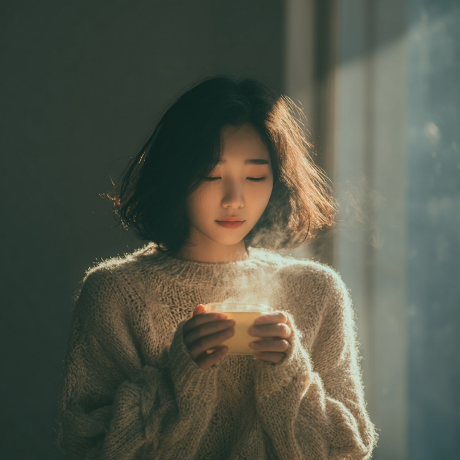 유자차의 향을 맡는 여성