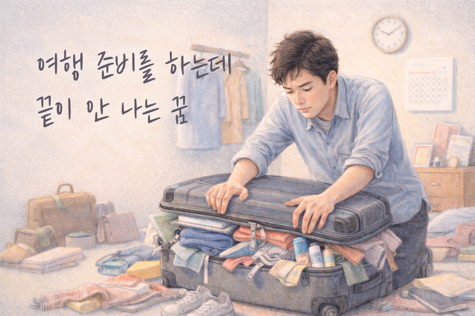 방 안에서 가득 찬 캐리어를 힘겹게 누르는 남성의 색연필 질감 일러스트