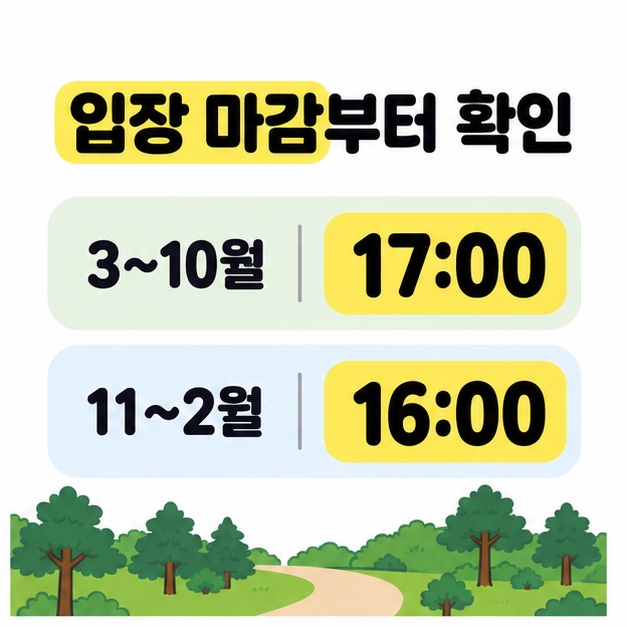 입장 마감 시각을 3~10월은 17시, 11~2월은 16시로 나누어 비교한 이미지
