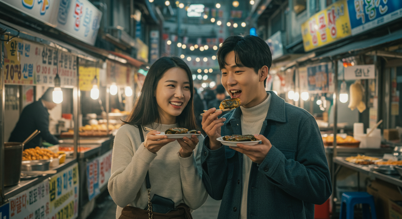 강릉 중앙시장에서 현지 음식을 즐기는 한국인 커플.