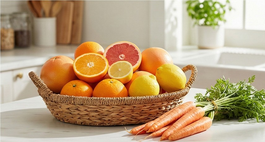 비타민 C가 풍부한 감귤류와 당근 사진
