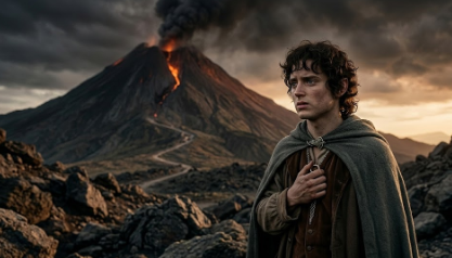 운명의 산 용암 위에서 유혹에 저항하며 고뇌하는 프로도 (Frodo agonizing as he resists the temptation of the Ring over the lava of Mount Doom)