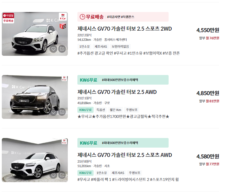 제네시스 GV70 중고차 가격 시세표 정리