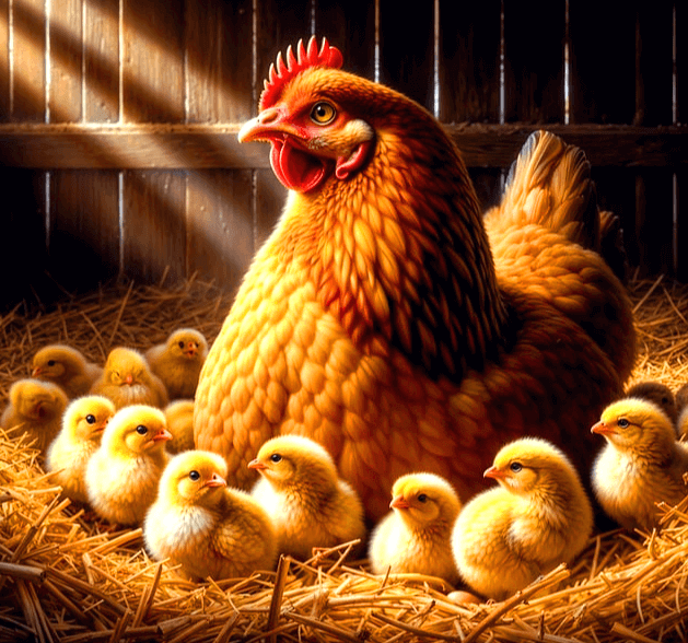 닭장 안에서 어미닭이 여러마리의 노란 병아리들과 함께 앉아있다.