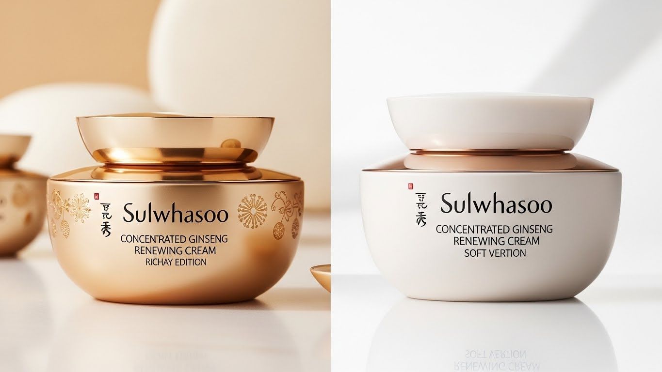 설화수 2025 홀리데이 에디션 농축 인삼 리뉴잉 크림 병을 표준 설화수 농축 인삼 리뉴잉 크림 병(풍부하거나 부드러운 버전) 옆에서 나란히 비교 촬영한 사진입니다.