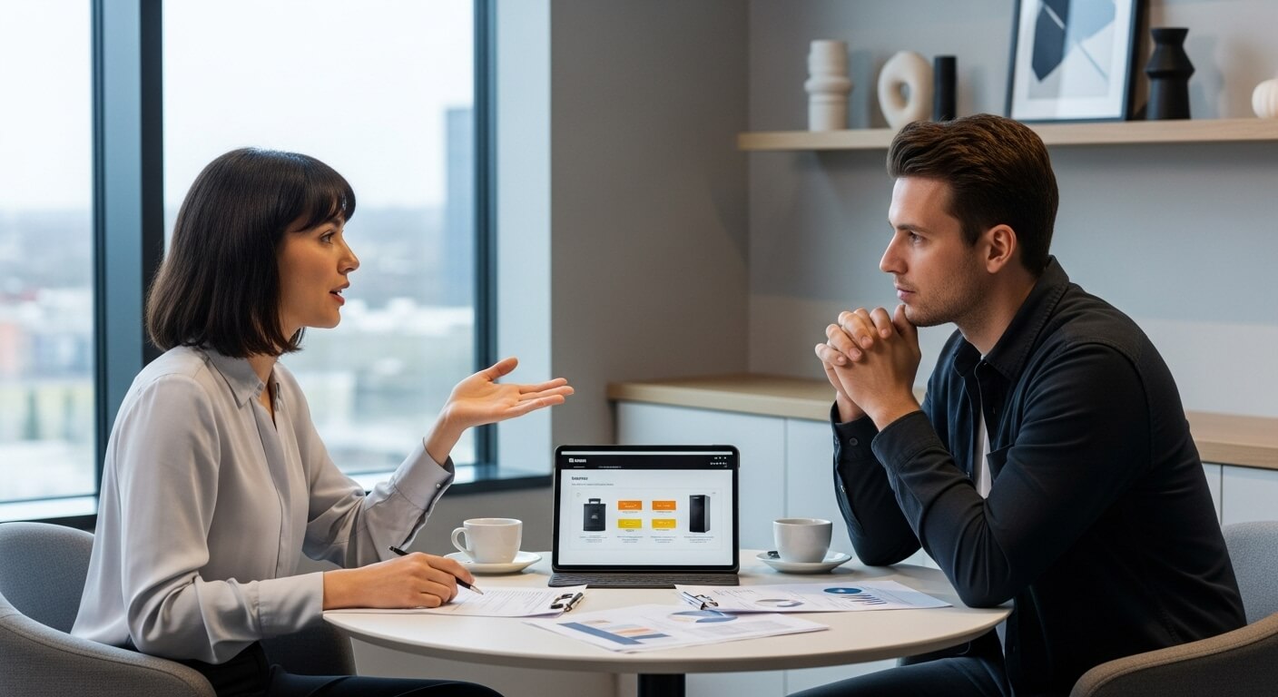 사무실에서 여성과 남성이 가전제품 정보가 표시된 노트북 화면을 두고 상담