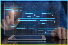 Gantt 차트 일정을 사용하여 작업 및 산출물을 계획하는 프로젝트 관리자 계획 소프트웨어를 사용하여 활동 스케줄링 디지털 태블릿 컴퓨터 화면의 프로젝트 관리 다이어그램