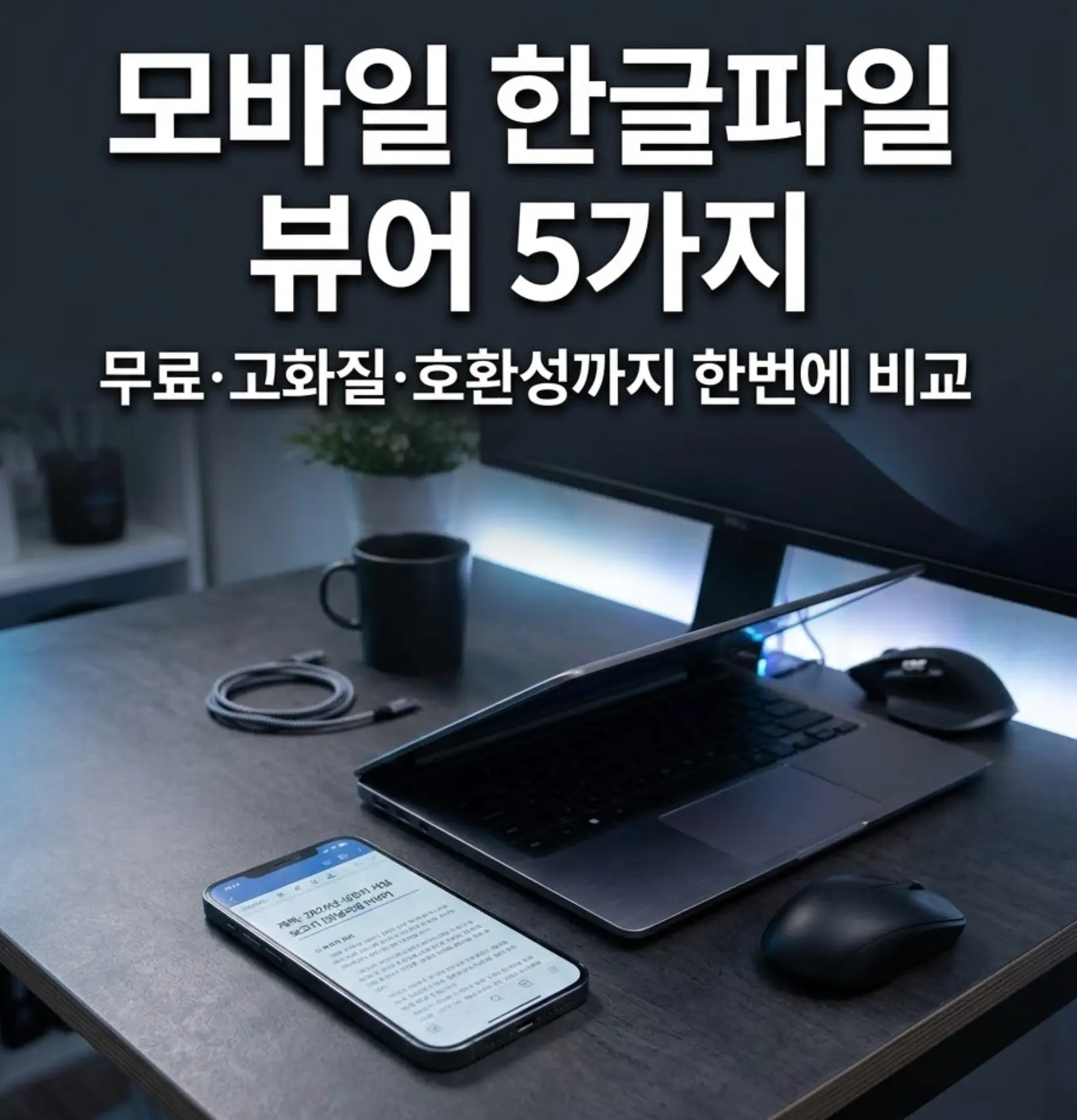 다크 데스크 위 스마트폰 화면에 한글 문서가 열린 모습, 노트북과 LED 반사광이 어우러진 쿨톤 테크 블로그 썸네일 장면.