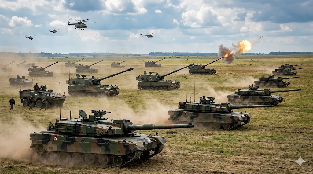 광활한 폴란드 평원에서 기동 훈련을 펼치고 있는 K2 전차와 K9 자주포의 웅장한 모습