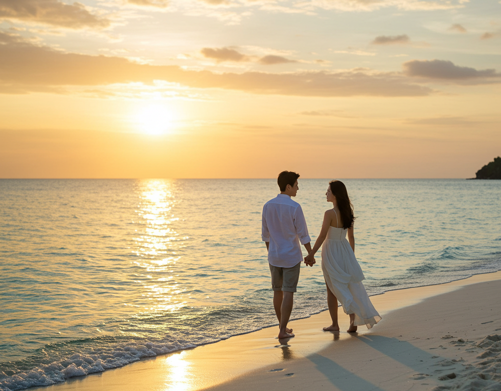 해변을 걸어가는 한쌍의 연인이 손을 잡고 있다. 생성이미지