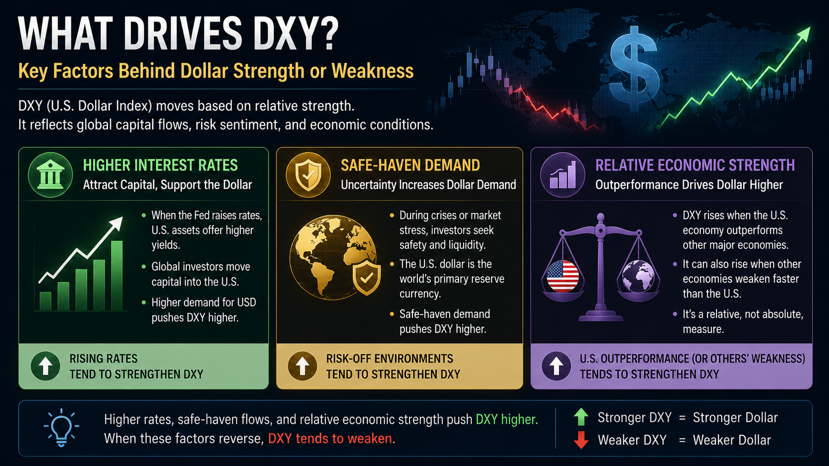 Key drivers of the U.S. Dollar Index including Federal Reserve interest rates, safe-haven demand, and relative economic performance.