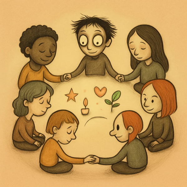 다양한 캐릭터들이 손을 잡고 앉아 따뜻한 빛과 상징을 중심으로 연대감을 나누는 장면