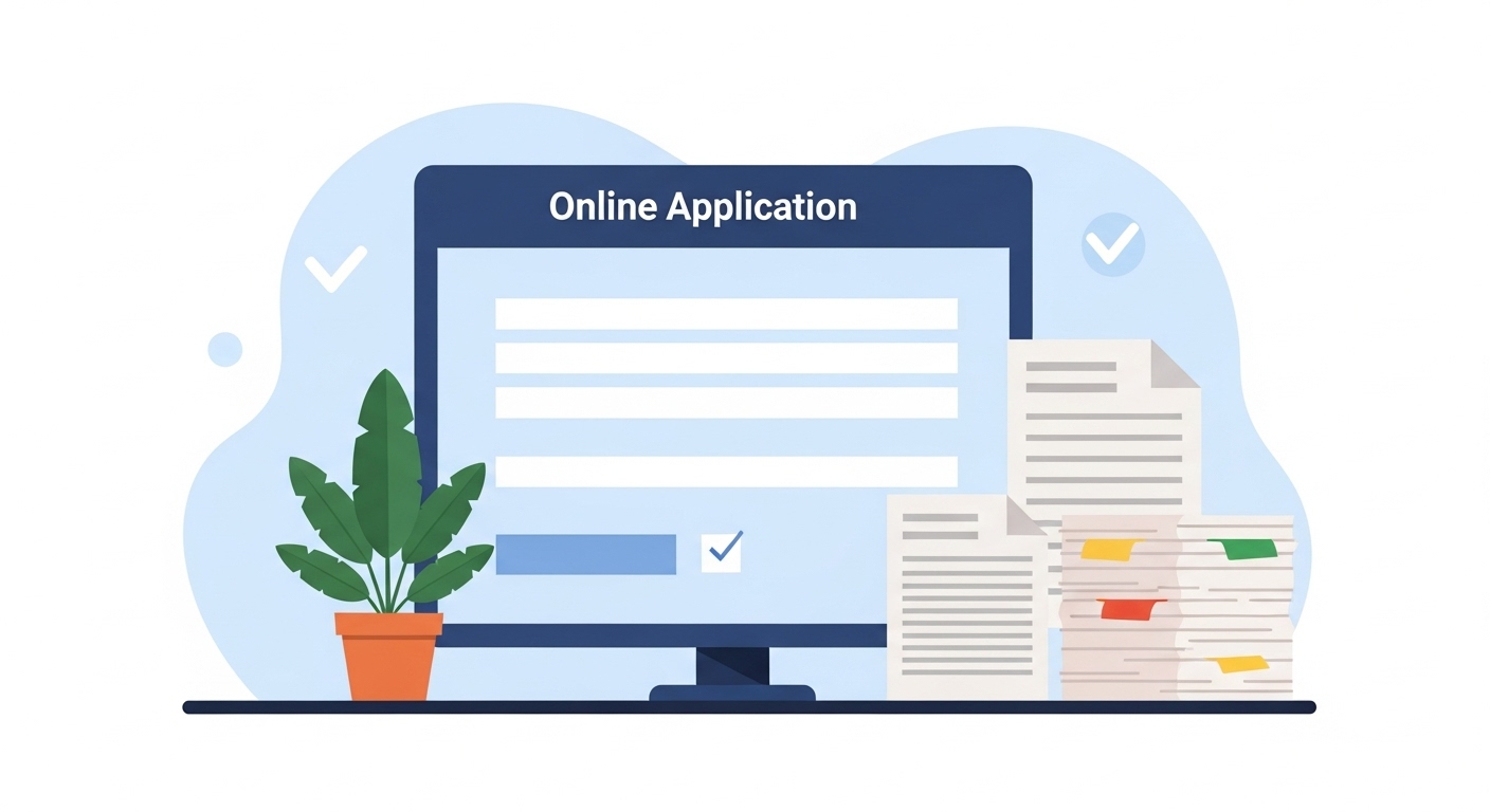 온라인 신청서 양식과 서류 더미 이미지가 신청 방법을 상징