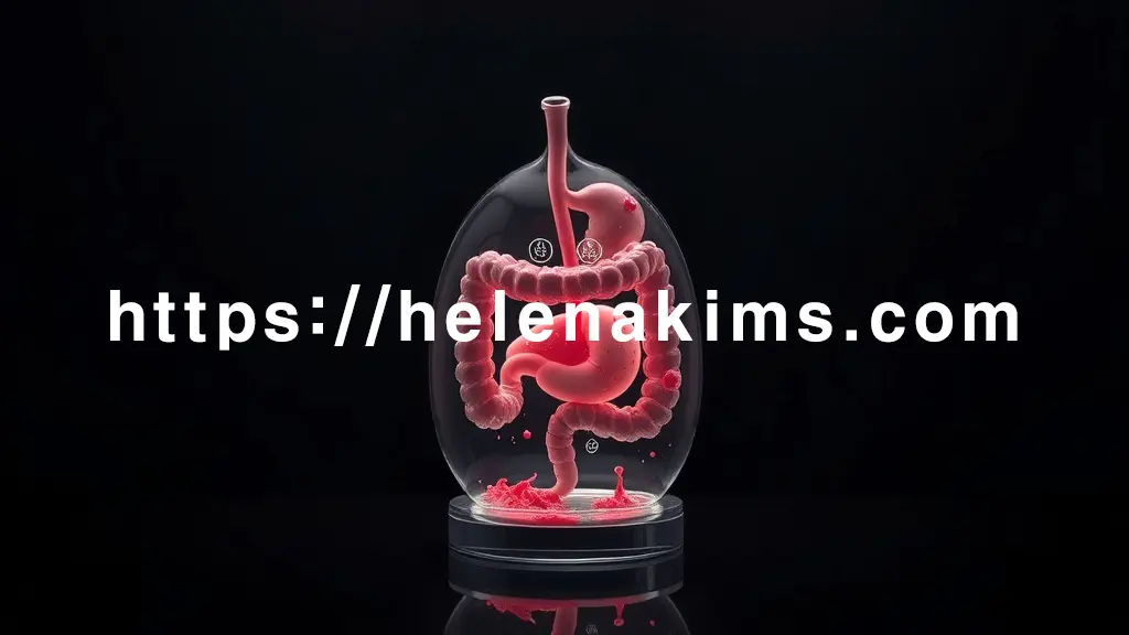 인체의 장기를 형상화한 투명하고 섬세한 유리 조형물이 중앙에 있고, 이 조형물 속에는 옅은 붉은색의 미세한 파장이 불규칙하게 흐르며 혈변과 염증을 암시하고, 변형된 모양의 작은 아이콘들이 배변 습관 변화와 복부 불편감을 상징적으로 표현한 이미지.