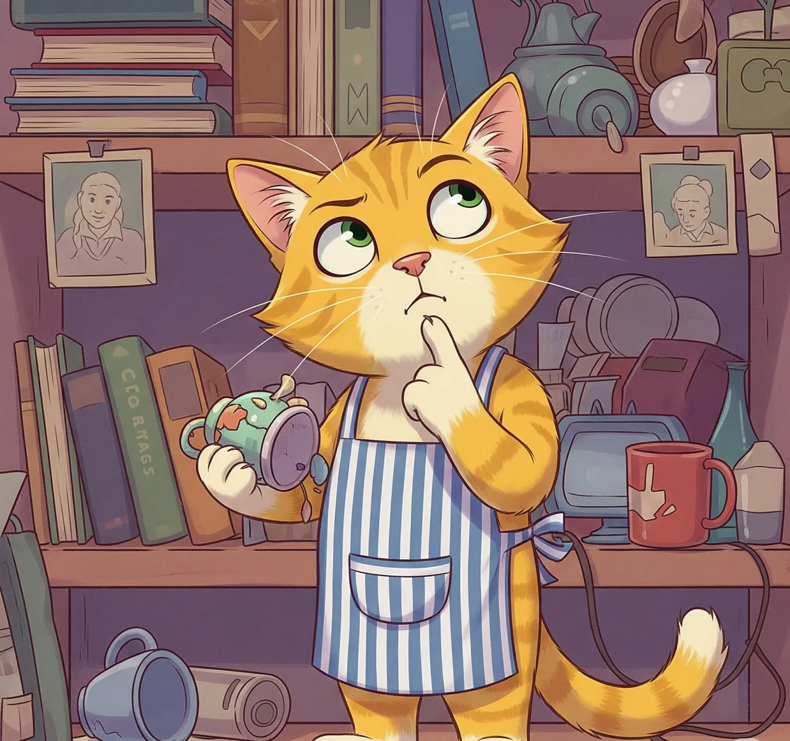 잡동사니를 버릴까 고민 중인 고양이 그림, Illustration of a cat thinking about throwing away clutter
