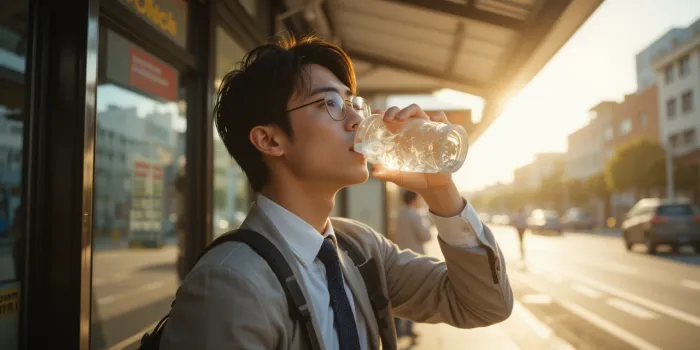 폭염속 그늘에서 물 마시는 젊은 남자 모습