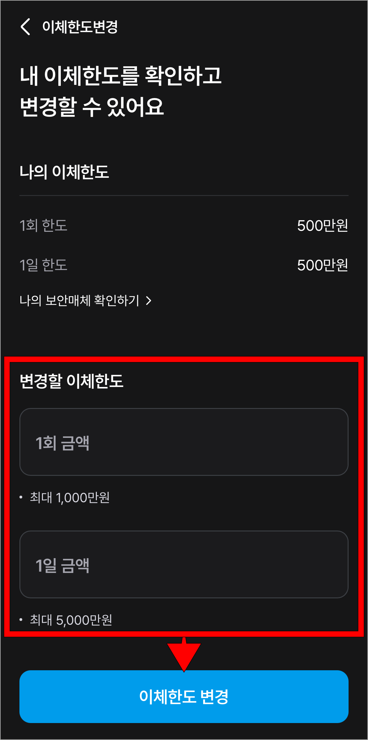 변경할 이체한도를 입력하고, '이체한도 변경'을 선택