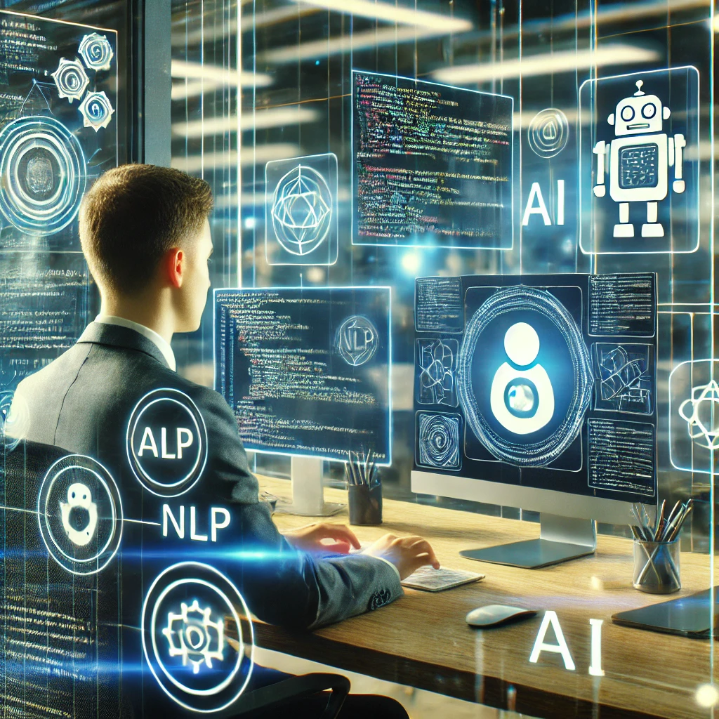 AI 챗봇 개발을 진행 중인 개발자의 모습과 고급 기술 환경의 이미지