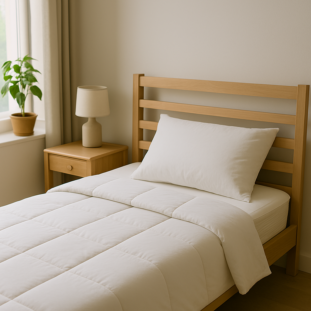 정갈하게 정리된 흰색 침구류와 우드 침대가 있는 미니멀 침실 사진