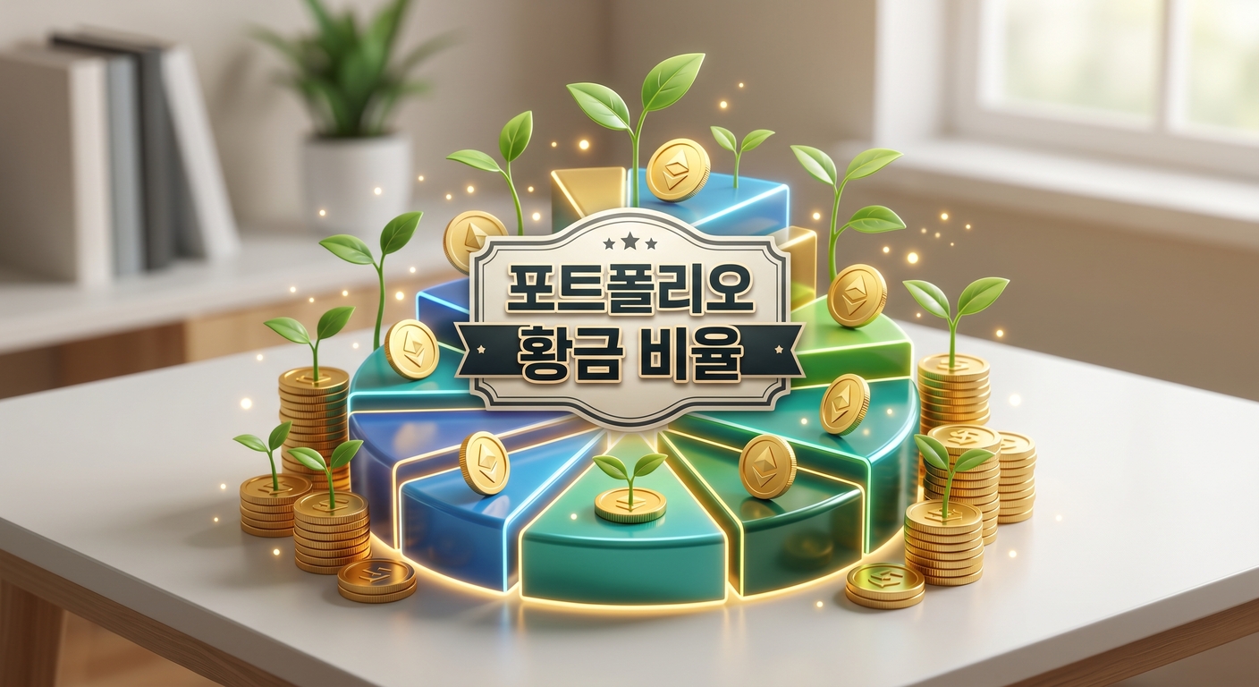 깔끔한 책상 위에 놓인 다채롭게 빛나는 파이 차트의 각 영역에서 반짝이는 금화와 작은 초록색 새싹이 자라나는 3D 일러스트 배경에, 짙은 그림자와 외곽선으로 선명하게 강조된 '포트폴리오 황금 비율'이라는 한글 문구가 중앙에 적힌 이미지
