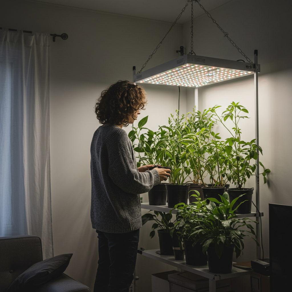 식물생장램프 밑에 반려식물이 잘 자라고 있다.