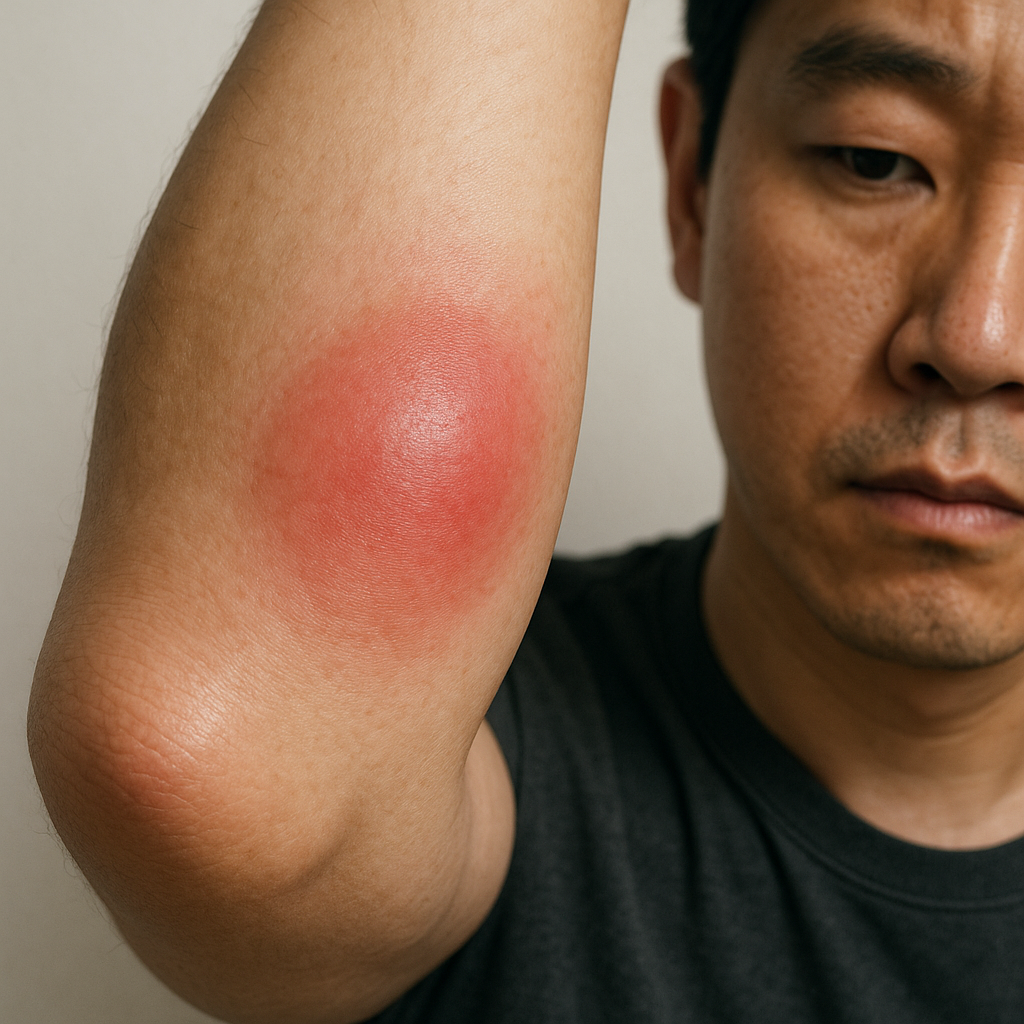 한 남성이 모기에 물린 자리가 크게 부어오른 모습 - 스키터증후군 발생