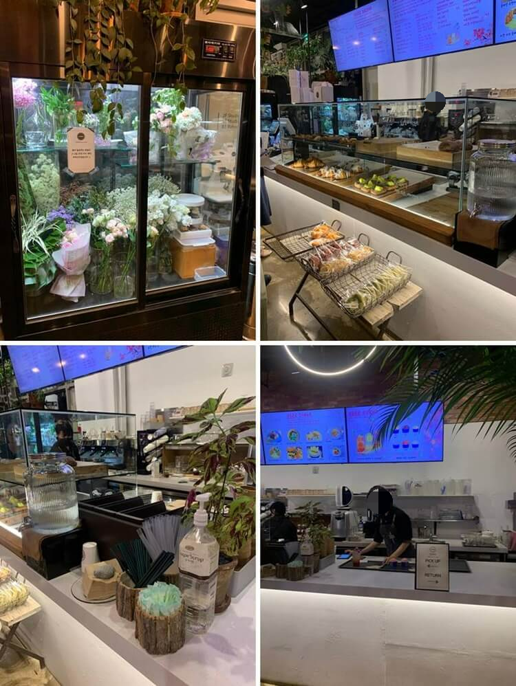 꽃 판매대, 픽업대, 물, 컵, 빨대 등