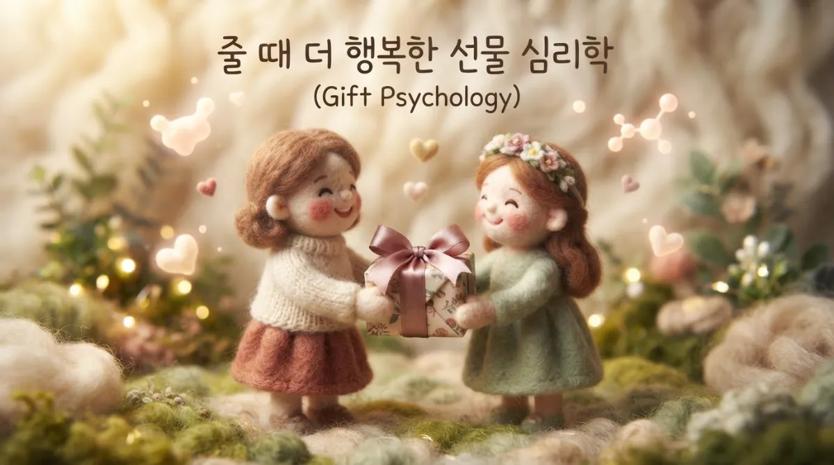 두 니들 펠트 인형이 따뜻한 미소로 선물을 주고받는 장면과 그 속에서 일어나는 뇌과학적 행복의 원리