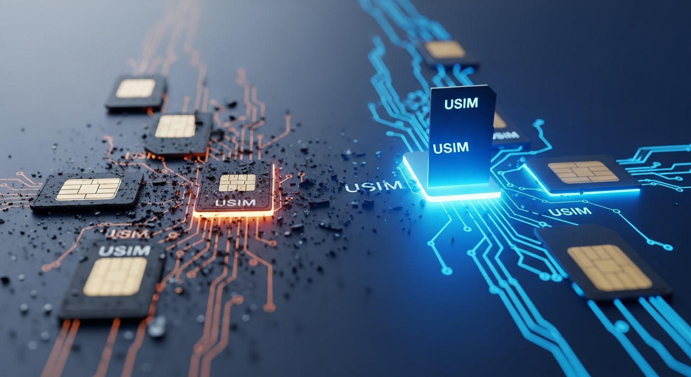 오래된 유심과 새 유심의 대비. 오래된 유심은 통신 불량, 새 유심은 빠르고 안정적인 통신을 상징하며 푸른빛을 낸다.