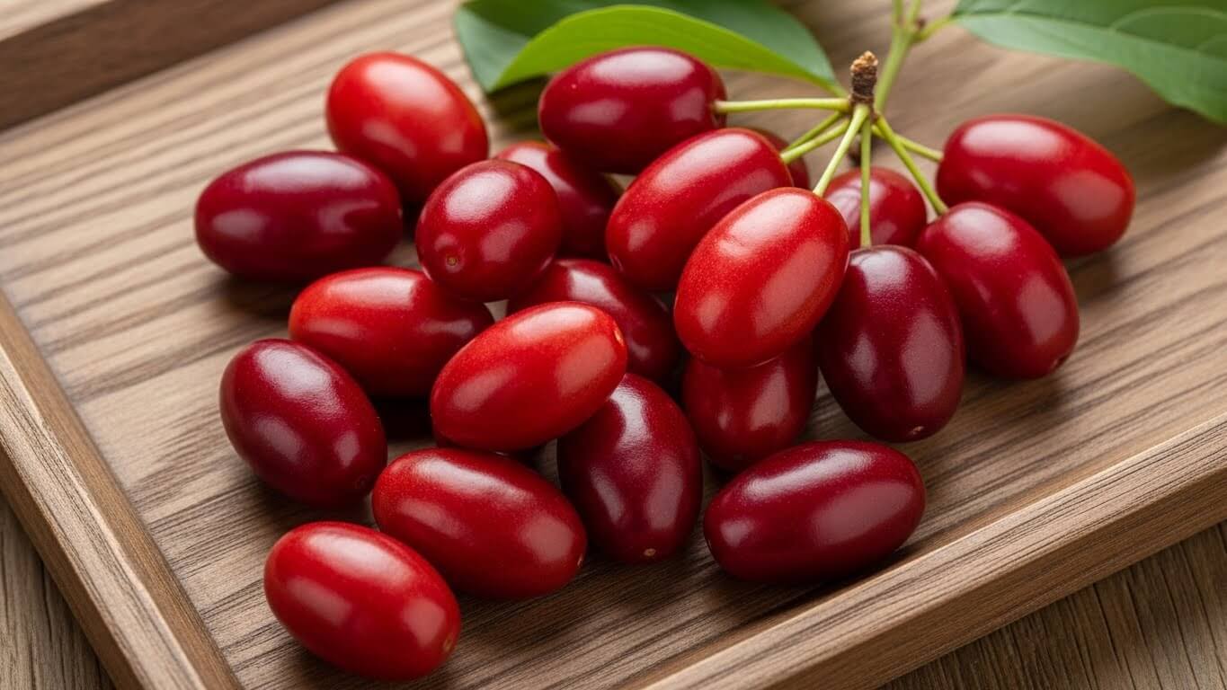 잘 익은 산수유 열매를 나무 쟁반 위에 담아 놓은 모습