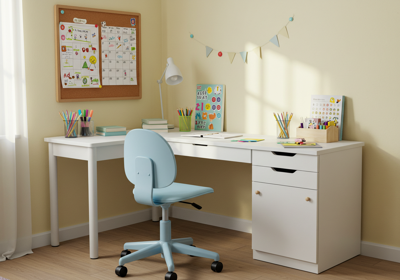 공부계획표와 문구류가 정리된 어린이용 학습 공간 인테리어