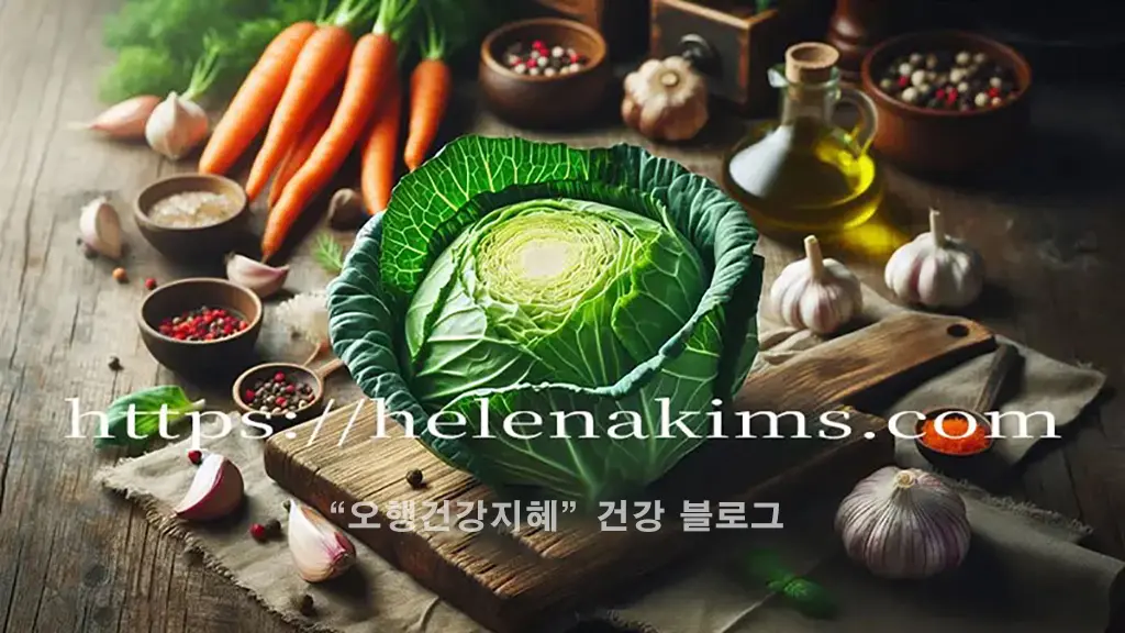 나무 도마 위에 양배추 한 통이 놓여 있고, 주변에는 당근과 마늘, 향신료 등이 놓여 있는 사진