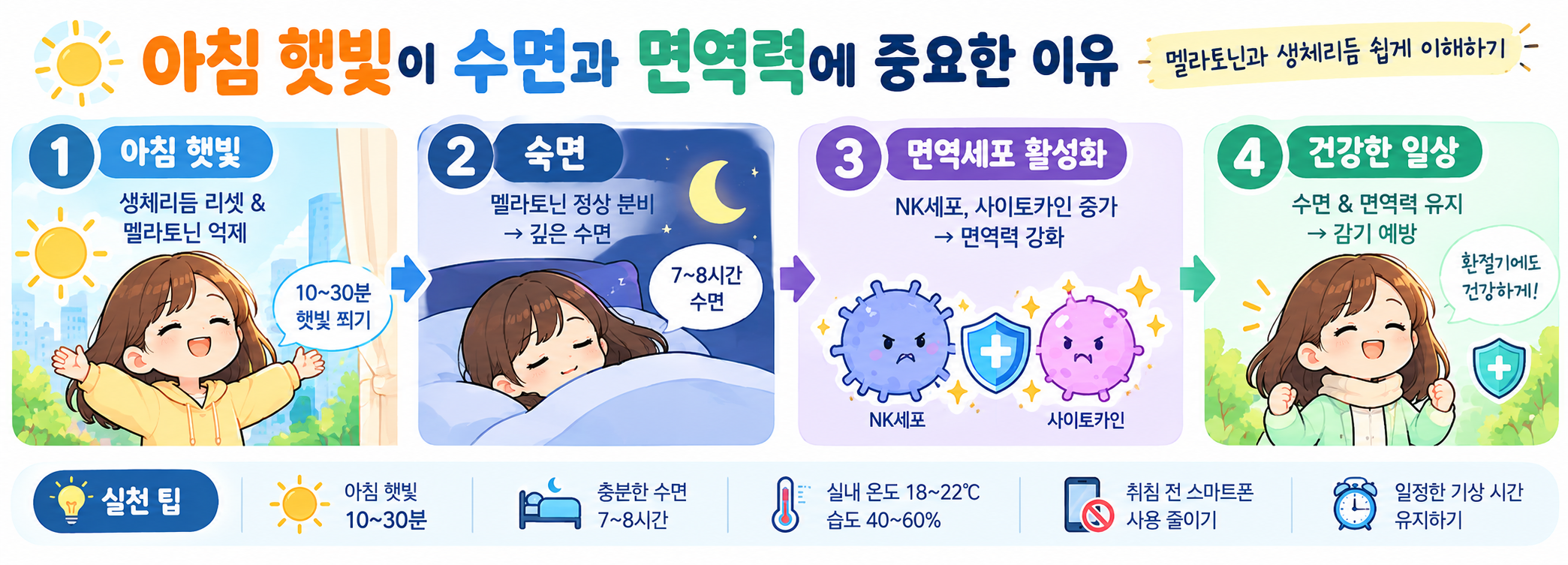 아침 햇빛이 수면과 면역력에 미치는 영향 및 멜라토닌 생체리듬 가이드 요약 인포그래픽
