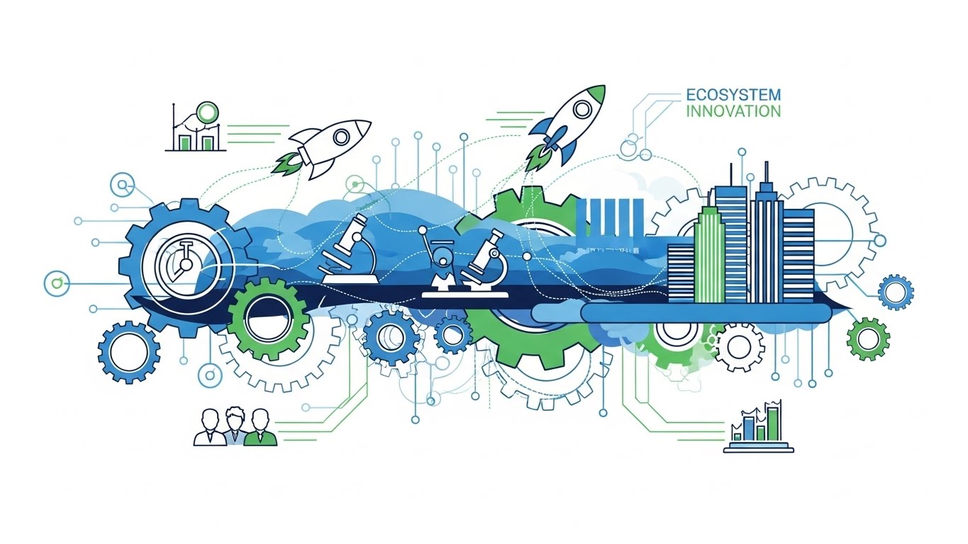 다양한 기업과 기관이 상호 연결되어 혁신 생태계를 구축하는 모습을 형상화한 일러스트.