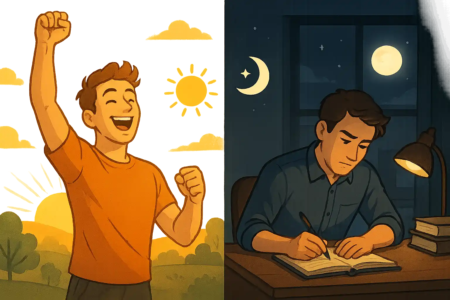 왼쪽은 해 뜨는 아침에 활기찬 사람, 오른쪽은 밤에 집중하며 책상에서 일하는 사람